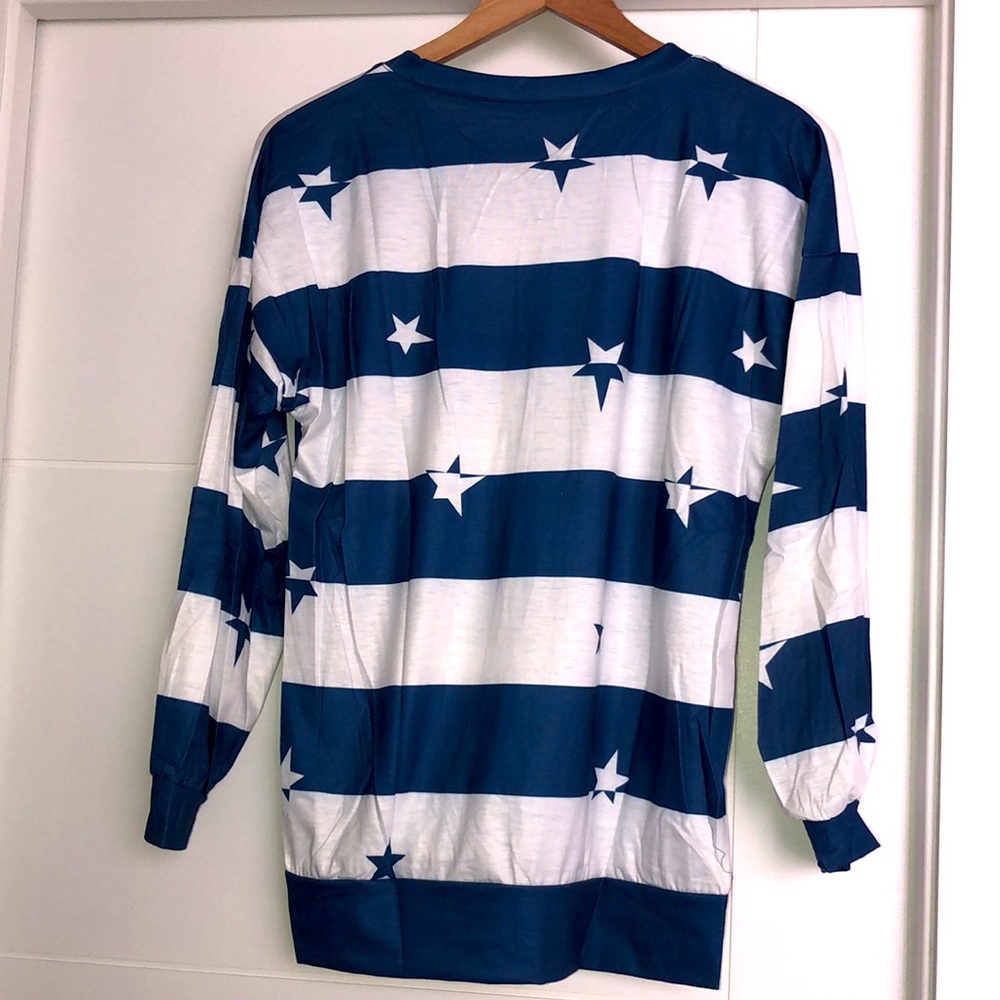 LAST ONE‼️Star printed Blue and White Striped Long Sleeve Top - Picture 8 of 8